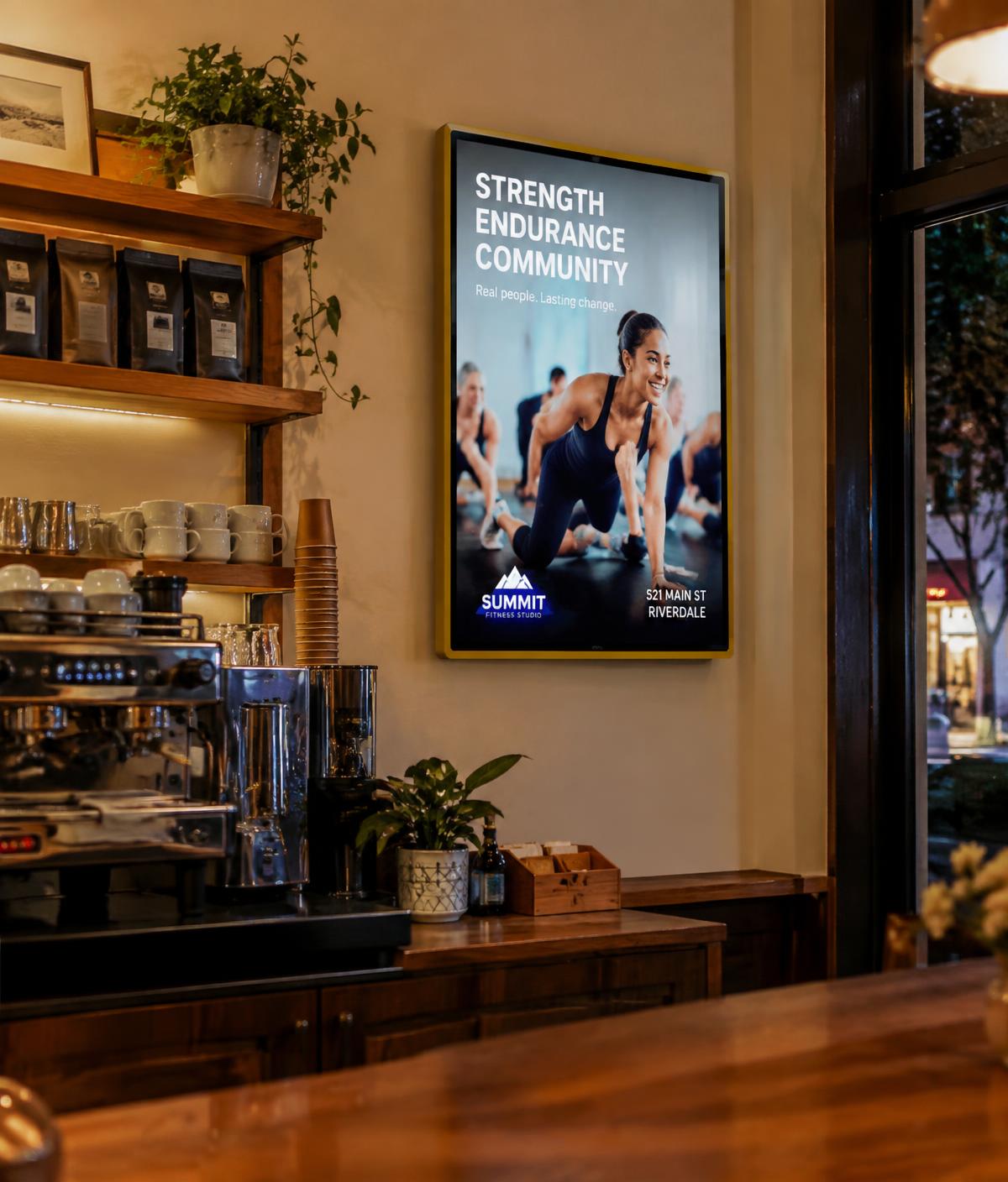 Advertising screen in a neighbourhood café