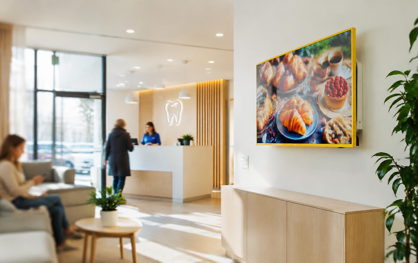 Digital advertising screen with a yellow frame in a clinic reception